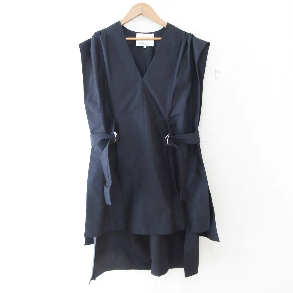 3.1 Phillip Lim 3.1フィリップリム サイドベルト Vネック ノースリーブ ひざ丈 ミディ丈 レイヤードワンピース 2 ネイビー