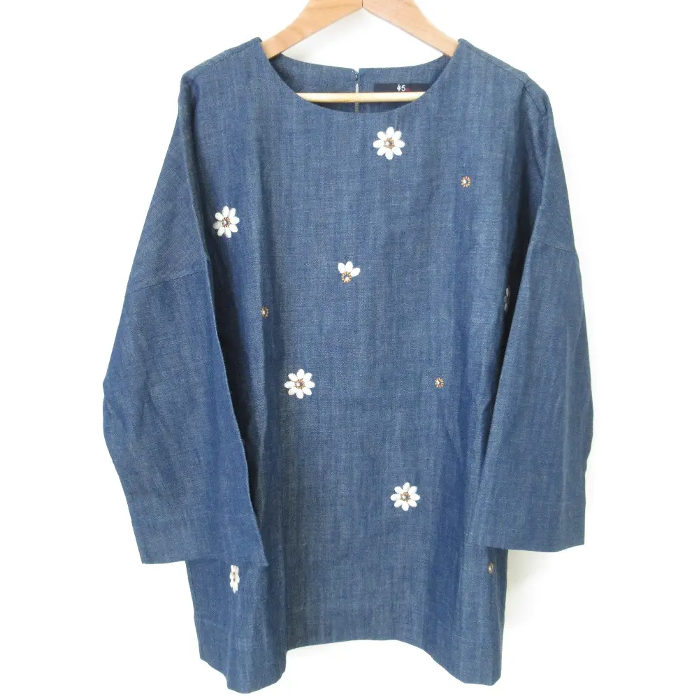 45R フォーティファイブアール フラワー刺繍 長袖 プルオーバー デニムブラウス シャツ 8083028 サイズ3 インディゴ