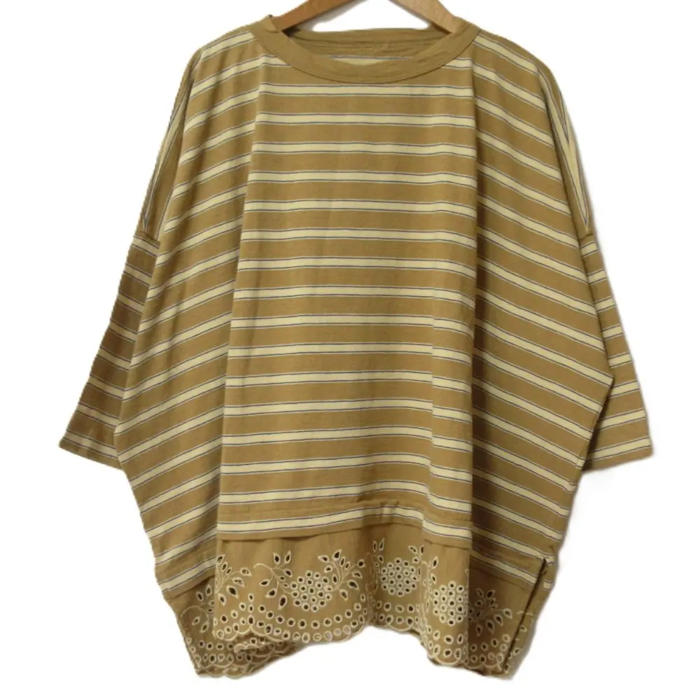 45R フォーティーファイブアール ボーダー 七分袖 レース 縞天竺のビッグスリットTシャツ カットソー 70770032 00 キャメル