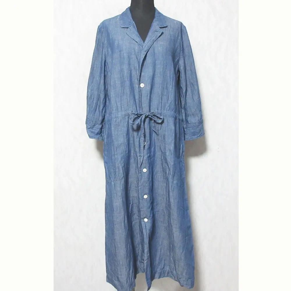 45R AI INDIGO 長袖ワンピース　インディゴ　ストライプ　花柄 45R AI INDIGO 長袖ワンピース インディゴ ストライプ 花柄