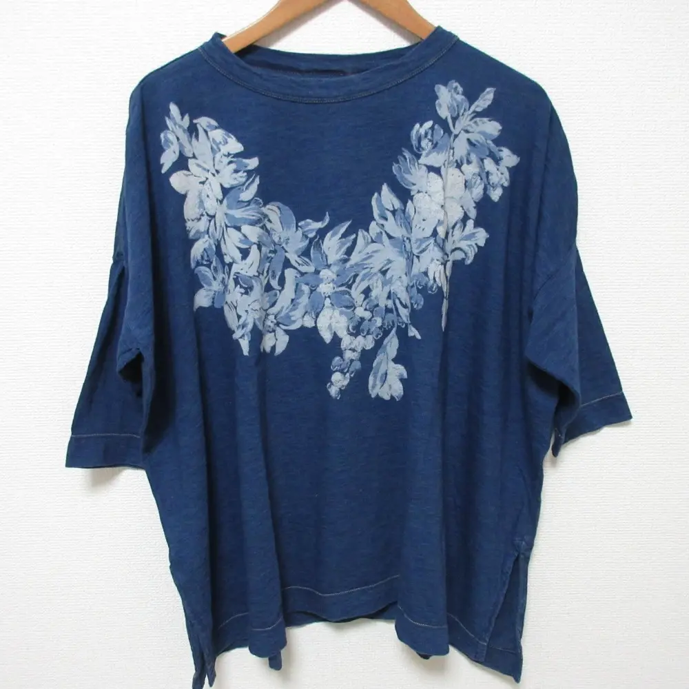 45R フォーティファイブアール レイレイプリントのビッグスリットTシャツ 半袖 カットソー インディゴ