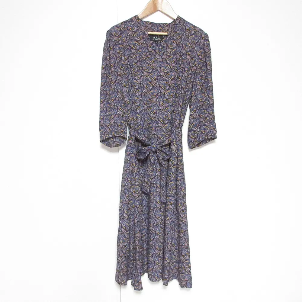 A.P.C. アーペーセー ペイズリー柄 七分袖 ミモレ丈 ベルテッド ワンピース 36 ネイビー