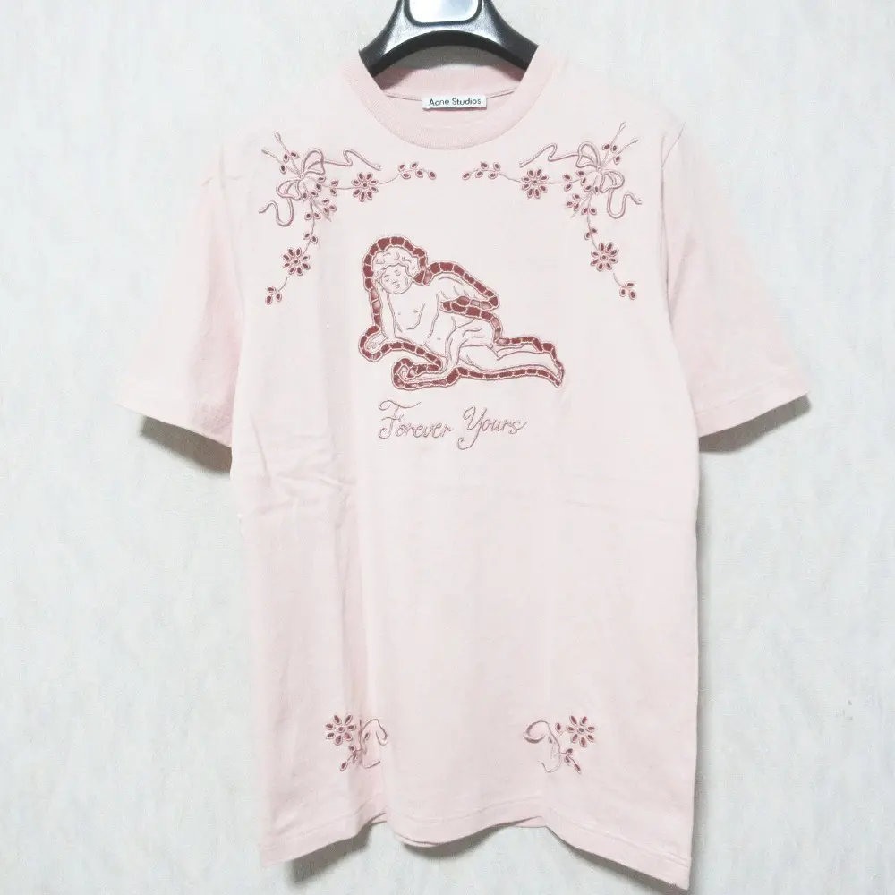 Acne Studios アクネストゥディオズ エンジェル 天使 刺繡 エンブロイダリー 半袖 クルーネック カットソー Tシャツ XS ピンク