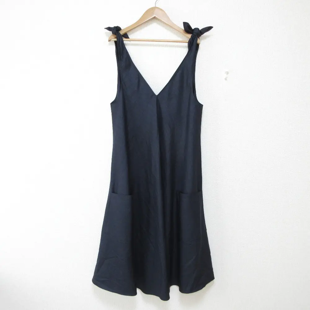 ADEAM アディアム ショルダーリボン Vネック ノースリーブ ミモレ丈 Aライン フレアワンピース ドレス 39094 サイズ2 ネイビー