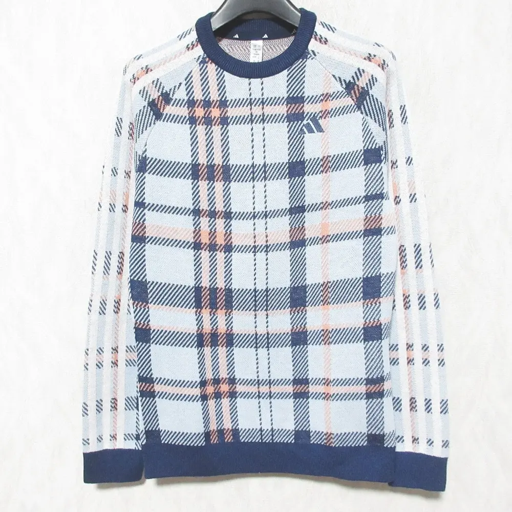 24AW adidas アディダス チェック柄 クルーネック セーター JJ4434 サイズS ライトブルー