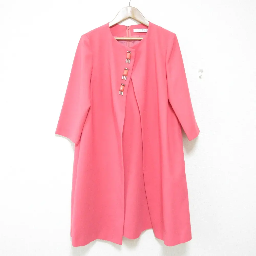 ADORE アドーア ビジュー装飾 七分袖 ひざ丈 フレアワンピース ドレス 38 ピンク