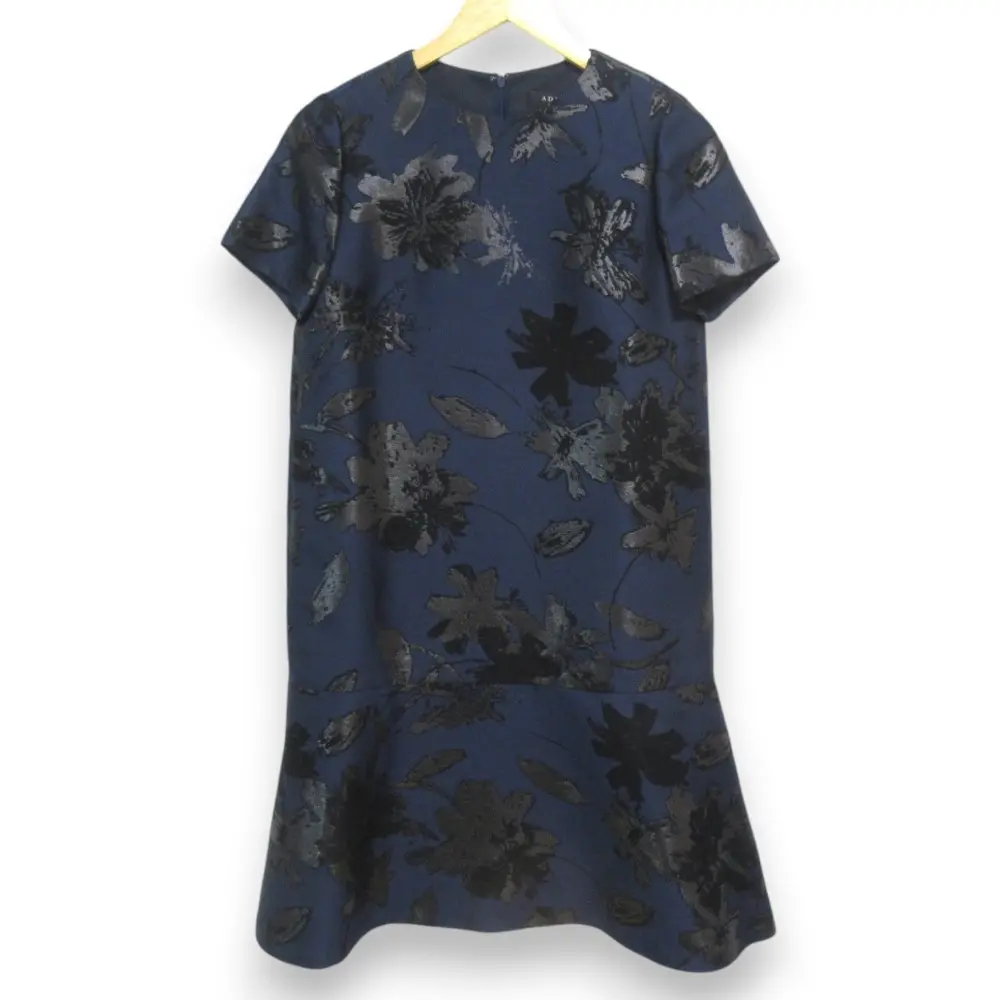 ADORE アドーア フラワージャガード 半袖 ひざ丈 フレアヘム ワンピース ドレス サイズ36 ネイビー×ブラック