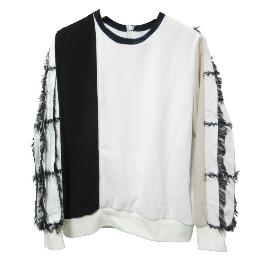 クリーニング済 AKIRANAKA アキラナカ 異素材ドッキング トレーナー トップス フリンジ ブラウス 36 ホワイト×ブラック