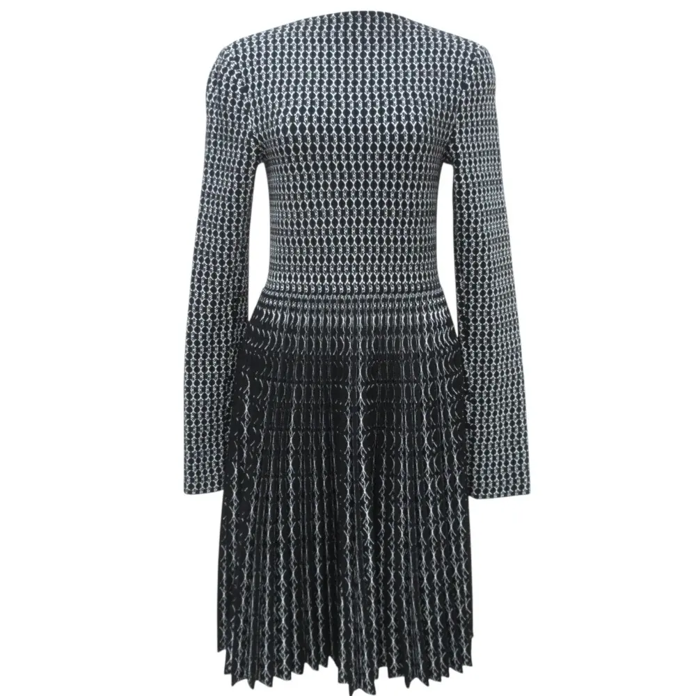 Alaia アライア ボトルネック 長袖 総柄 ウールブレンド ジャガード ニット プリーツ切替しスカート ドレス ワンピース 38 ブラック