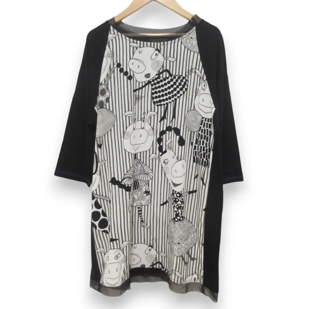 ALBEROBELLO アルベロベロ オレボレブラ ぶたさん 切替 長袖 ロング丈 カットソー チュニック ブラック×ホワイト