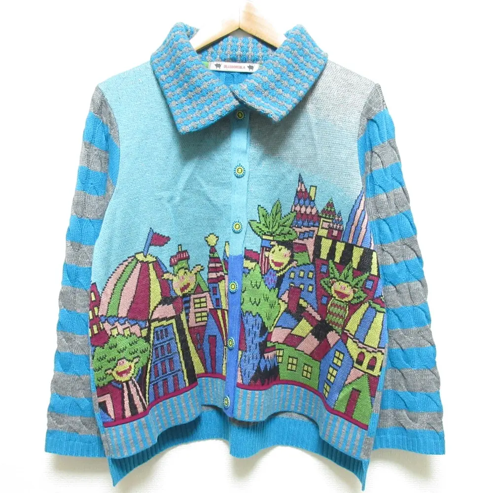 ALBEROBELLO アルベロベロ オレボレブラ ぶたさん バックボーダー切替 長袖 ニット カーディガン ブルー