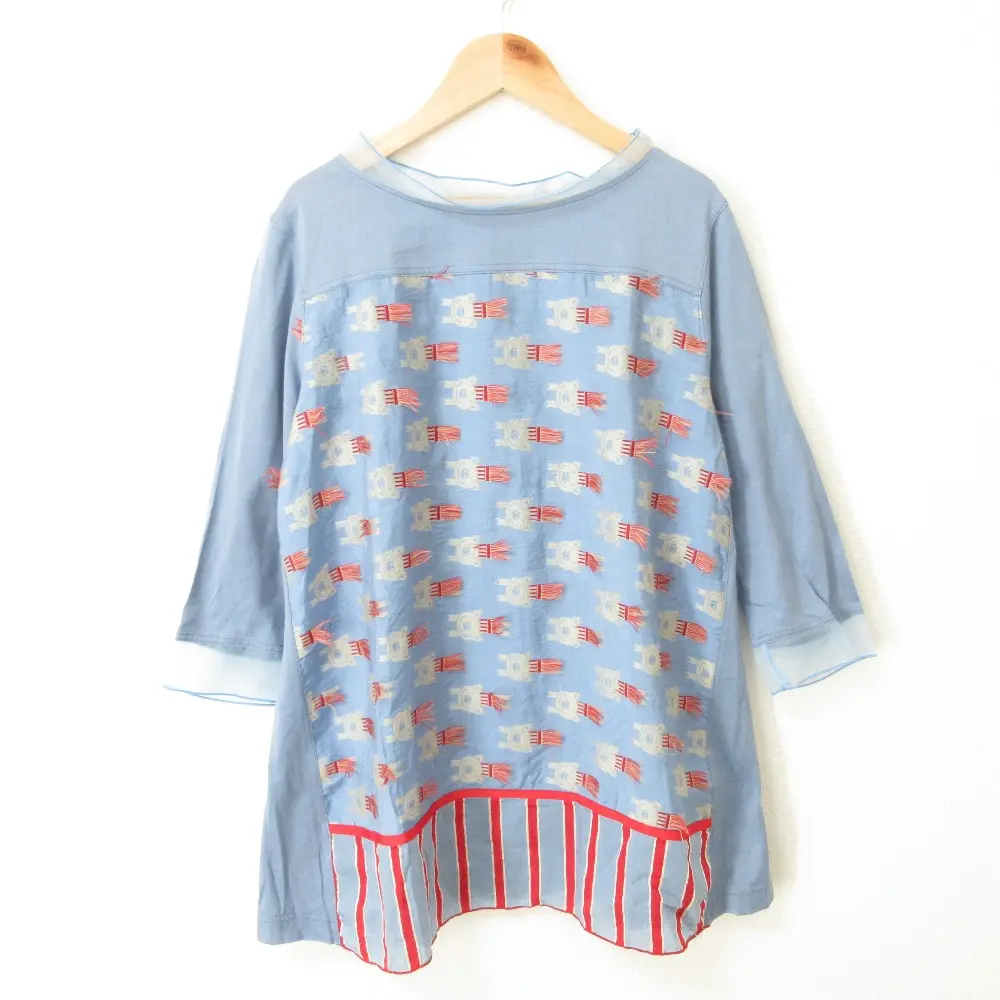 ALBEROBELLO オレボレブラ アルベロベロ ぶたさん スーパーマン 刺繍 ボートネック 七分袖 カットソー チュニック ライトブルー