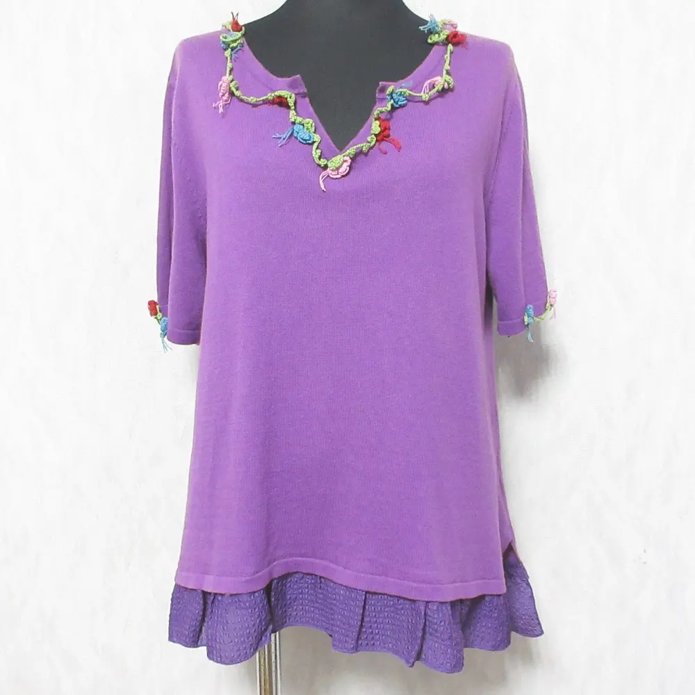 OLLEBOREBLA オレボレブラ アルベロベロ ぶたさん かぎ編みモチーフ フリルヘム 半袖 カットソー チュニック パープル