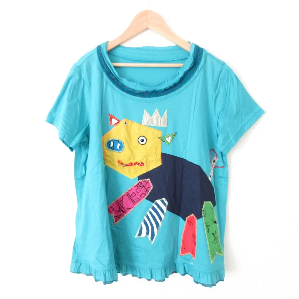 ALBEROBELLO オレボレブラ アルベロベロ ぶたさん パッチワーク フリルヘム クルーネック 半袖 カットソー Tシャツ ブルー