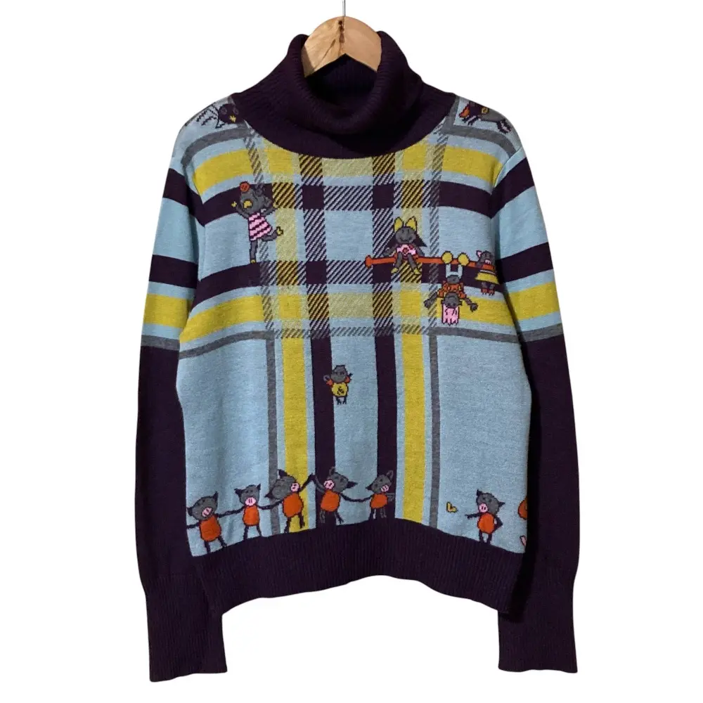 OLEBOREBLA オレボレブラ Alberobello アルベロベロ タートルネック ぶたさん チェック ニットセーター パープル