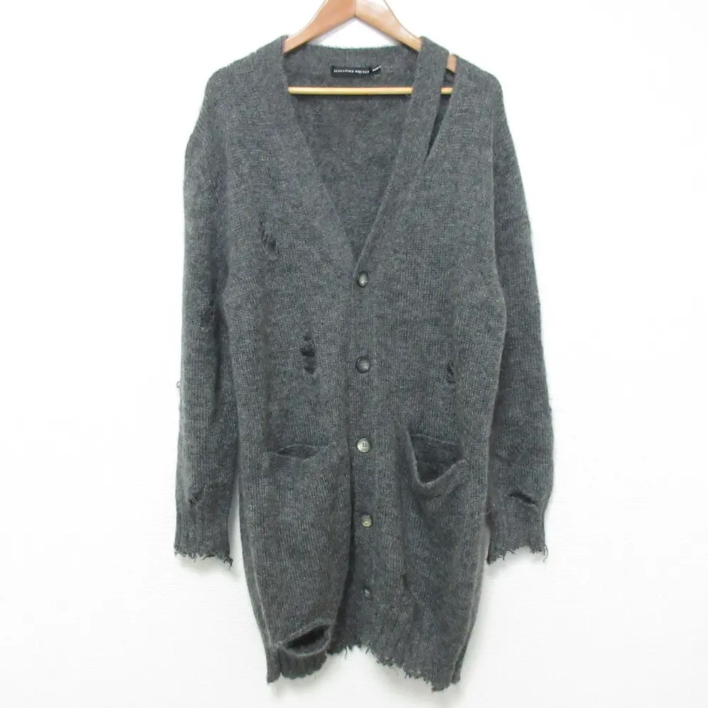 ALEXANDER McQUEEN アレキサンダーマックイーン モヘヤシルク ダメージ加工 ニット カーディガン サイズS グレー 