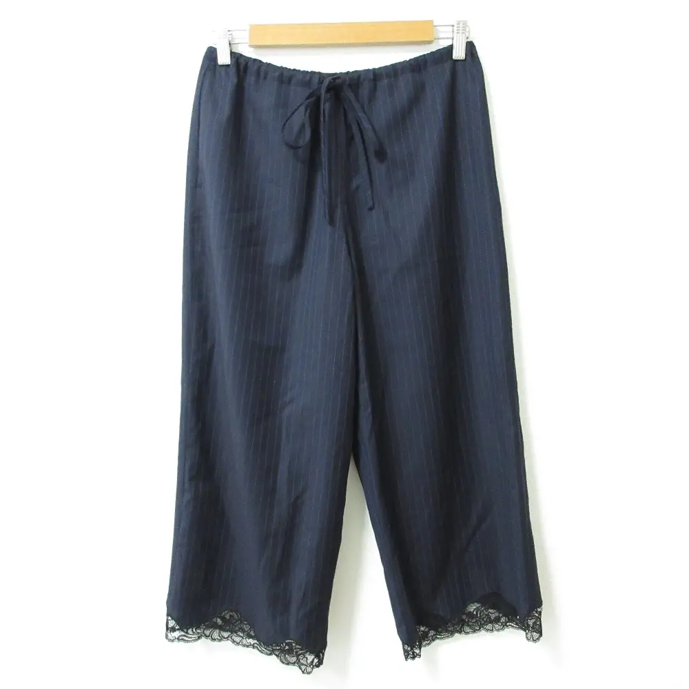 ALEXANDER WANG アレキサンダーワン ストライプ ウール100％ レース装飾 イージー ワイドパンツ スラックス S ネイビー