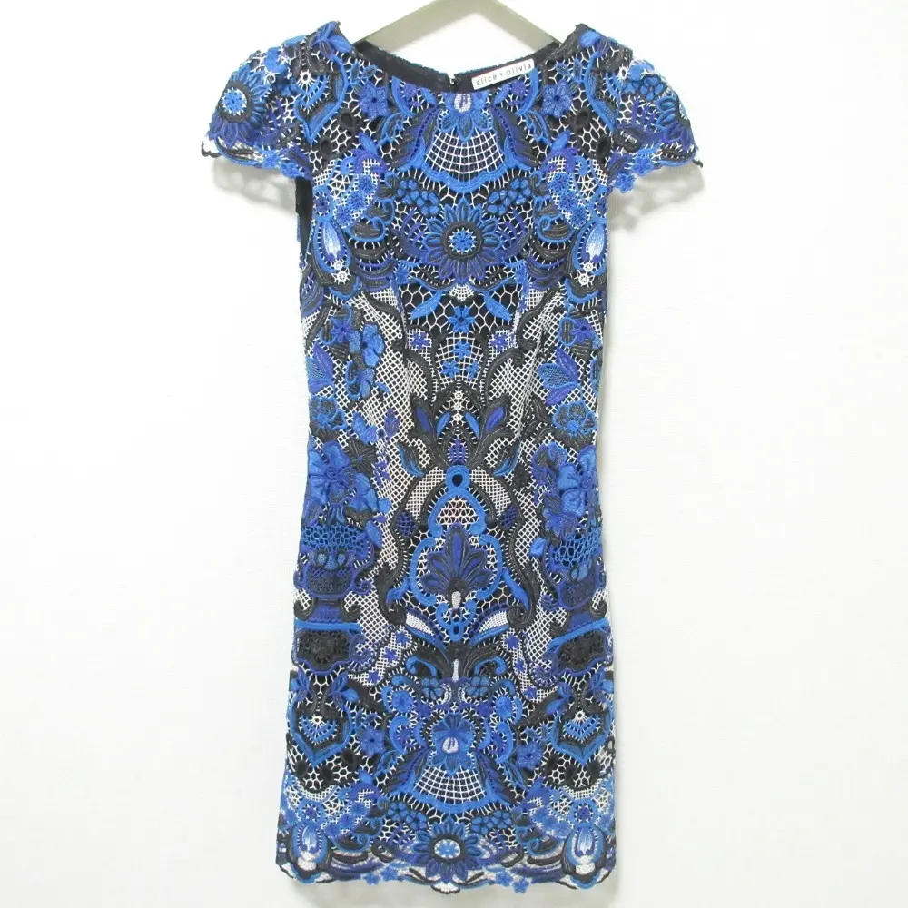 Alice+Olivia アリスオリビア Nakia Embroidered Lace Dress 半袖 エンブロイダリーレース ミニワンピース ドレス ブルー×ブラック