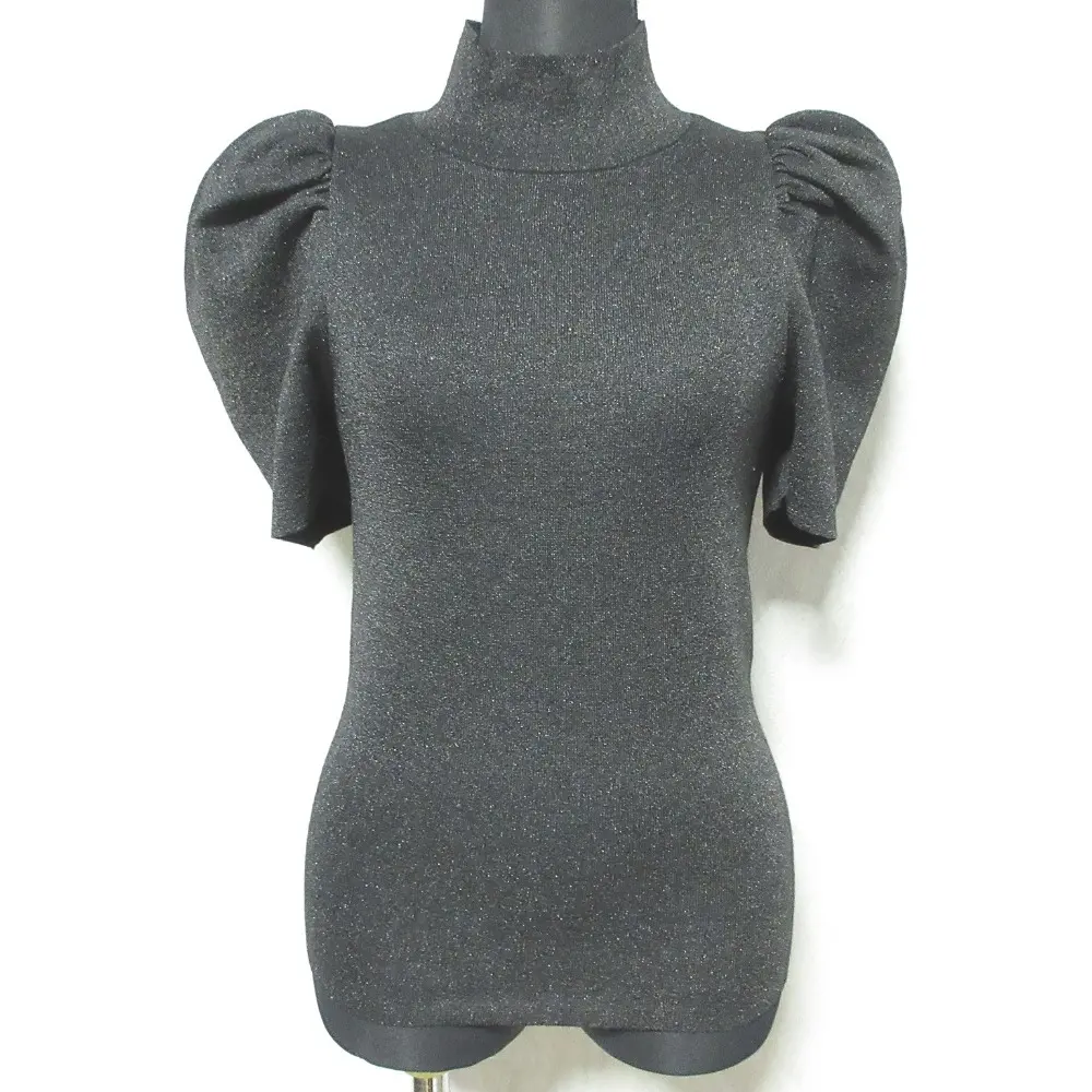 alice+olivia アリスオリビア ハイネック 半袖 パフスリーブ ラメニット カットソー プルオーバー S ブラック