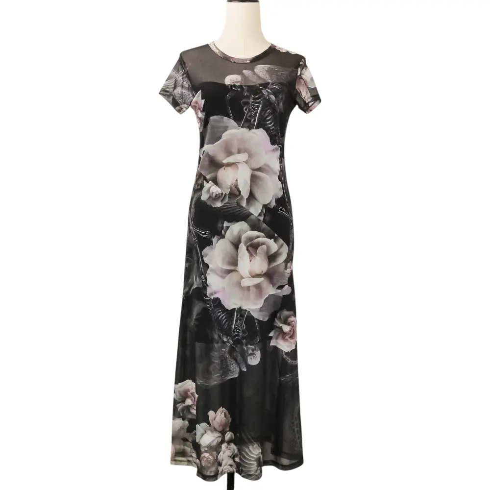 ALLSAINTS オールセインツ HANNA VALLEY SS DRESS フラワープリント パワーネット 半袖 ロング ドレス ワンピース UK8 ブラック