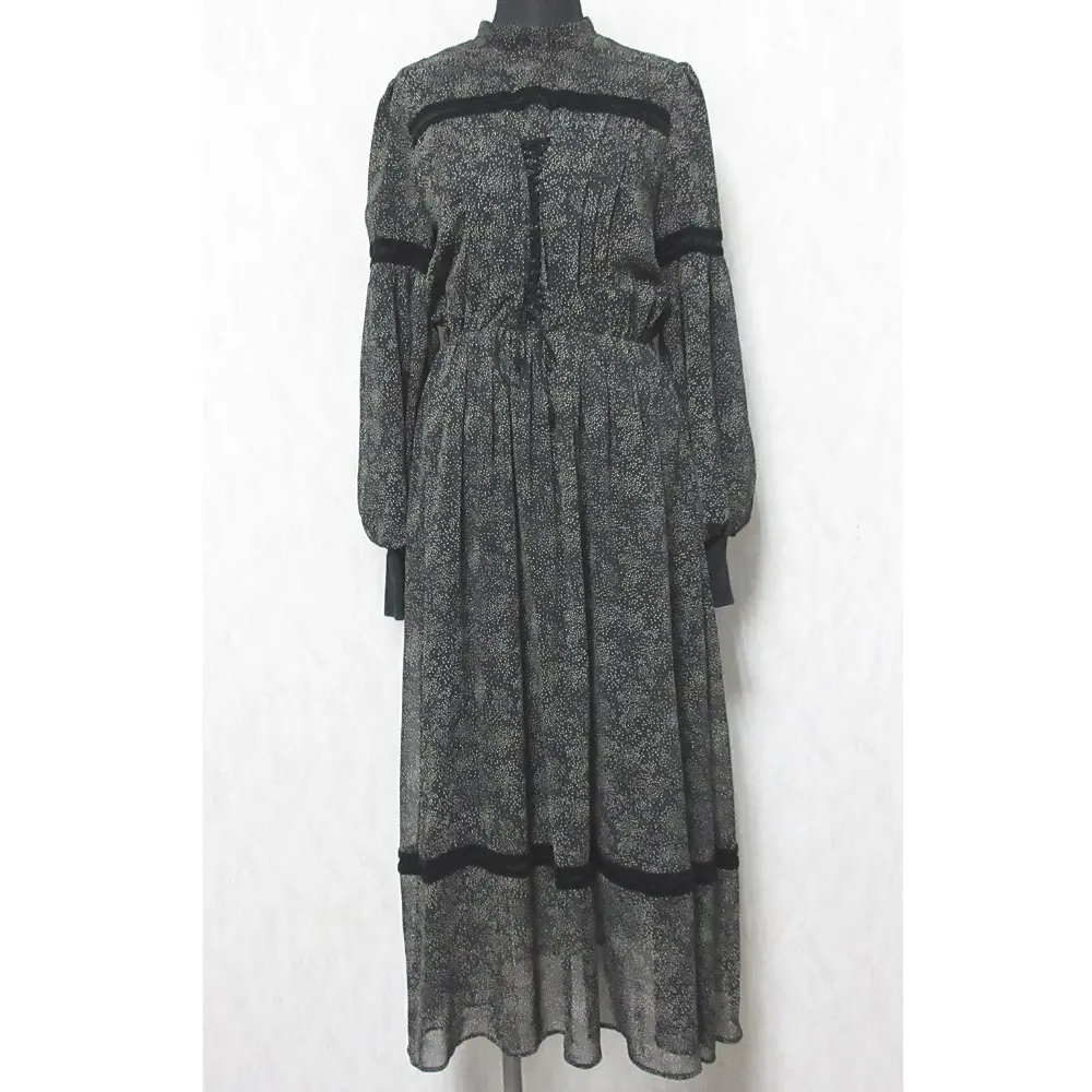 AMERI アメリ MELISSA SLENDER DRESS 総柄 ハシゴレース ボリュームスリーブ シアー フレア ロングワンピース S ブラック