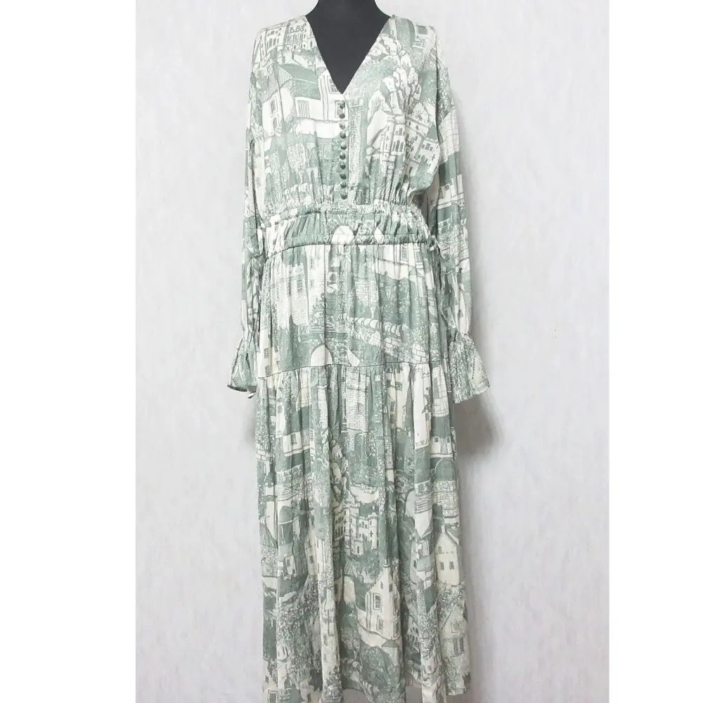 AMERI アメリ TOWN VOLUME GATHER DRESS 総柄 長袖 ロング マキシ丈 フレアワンピース 01020530850 M カーキ系