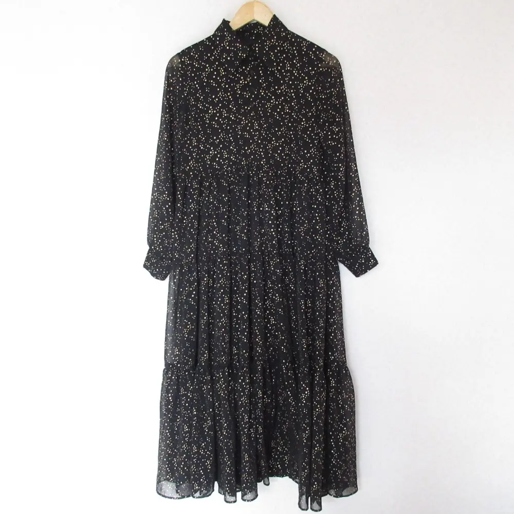 Ameri アメリ TWINKLE WIDENING DRESS スタープリント リボン付き 長袖 フレア シフォンワンピース ロングドレス S ブラック