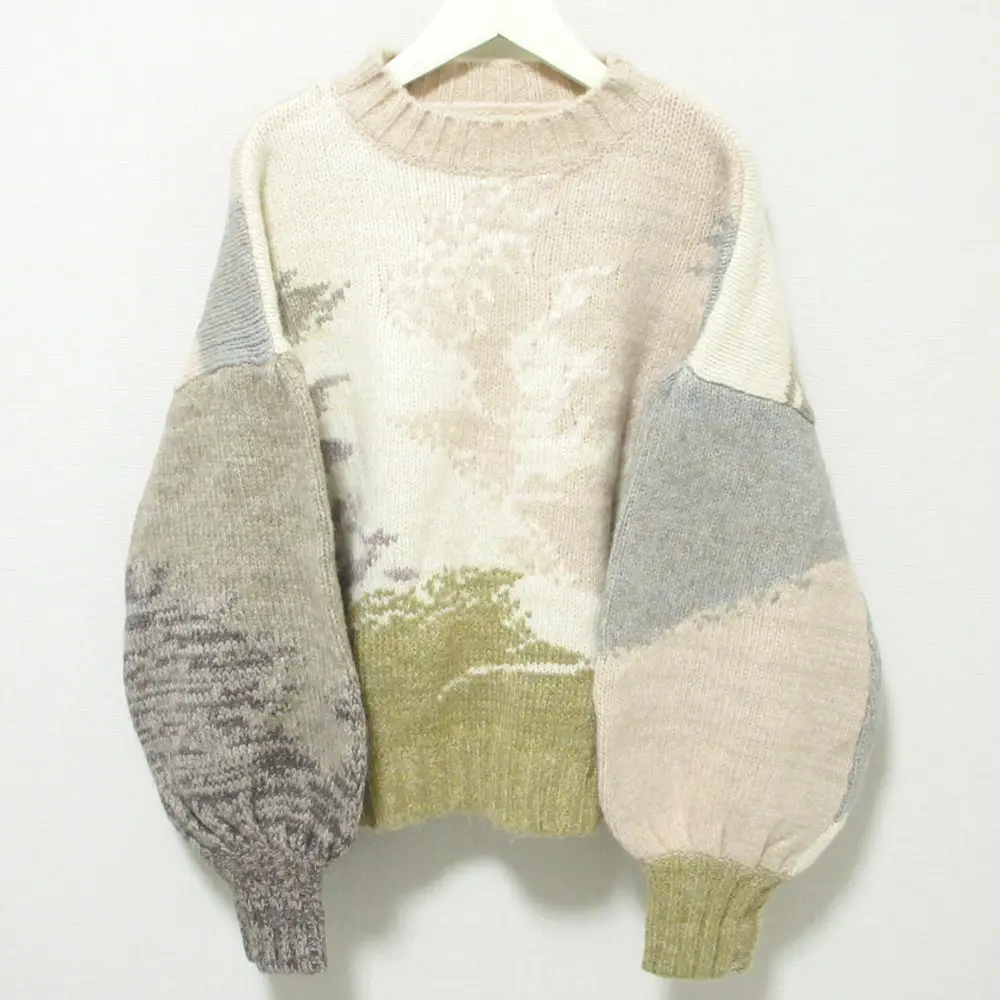 21AW AMERI アメリ ANDREA ABSTRACT PAINT KNIT ボリュームスリーブ インターシャニット プルオーバー セーター F ベージュ系