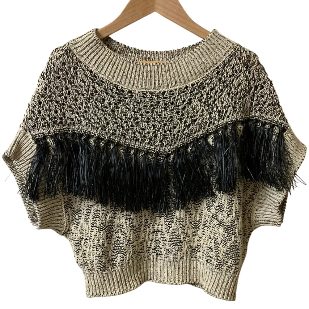 23SS AMERI × PARIGOT アメリ パリゴ 別注 TASSEL COMPACT KNIT TOP タッセル フリンジ クロップド ニット Ｆベージュ×ブラック