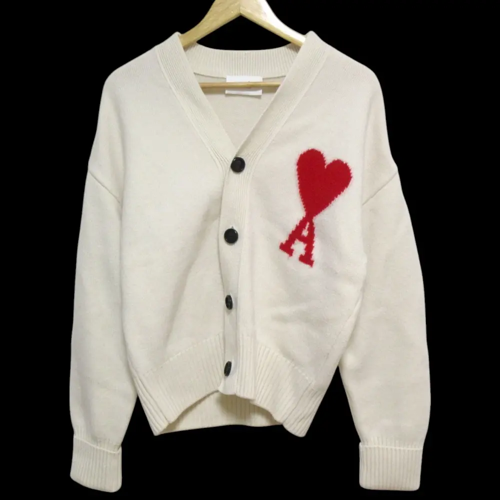 AMI PARIS アミパリス アミアレクサンドルマテュッシ ハート ウール100％ Vネック 長袖 ニット カーディガン Sサイズ オフホワイト