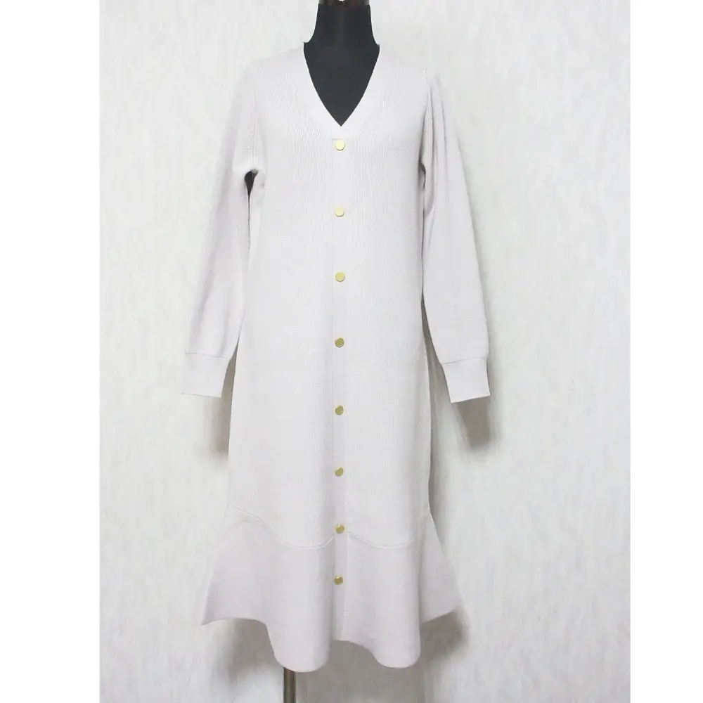 21SS ANAYI アナイ ウールカタアゼペプラムニットワンピース 金釦 Vネック 長袖 ミディドレス 38 ライトグレー
