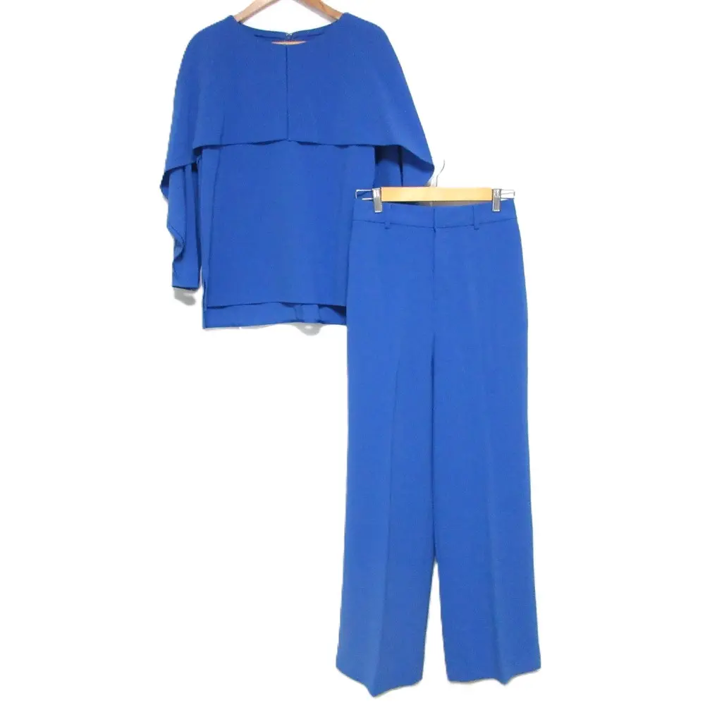 23SS ANAYI アナイ ストレッチクロス ケープブラウス+セミワイドパンツ セットアップ 38 ブルー