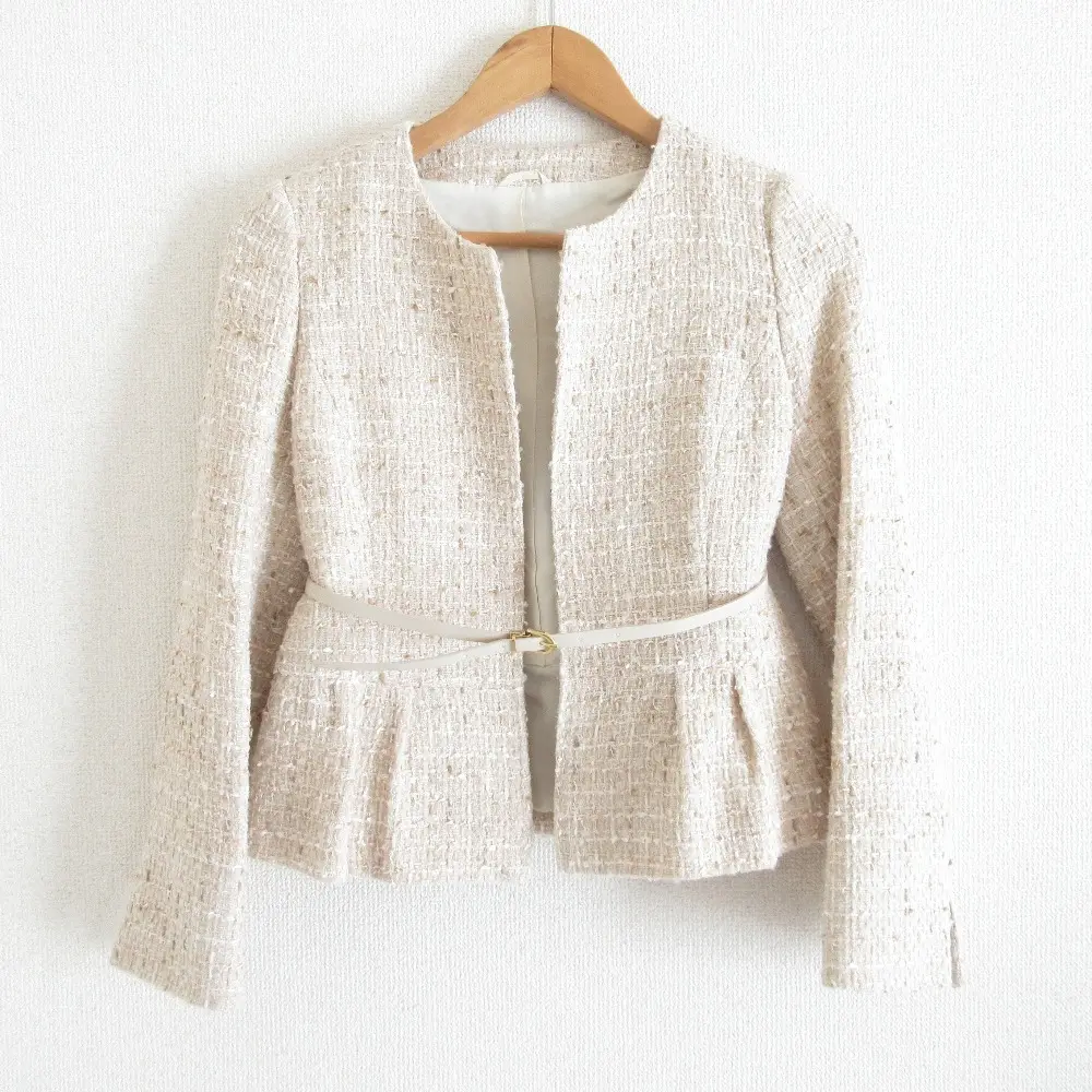 ANAYI アナイ ベルト付き クルーネック ノーカラー ツイードジャケット ブルゾン 36 ベージュ