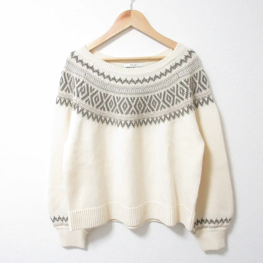 ANAYI アナイ ノルディック 求心柄 モヘヤブレンド ボートネック 長袖 ラグランスリーブ プルオーバー ニット セーター 38 ホワイト