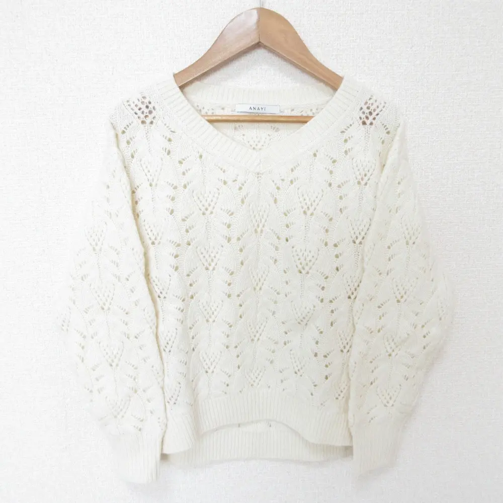 21AW ANAYI アナイ ウールカシミヤレースケーブル プルオーバー Vネック ニット セーター 36 アイボリー