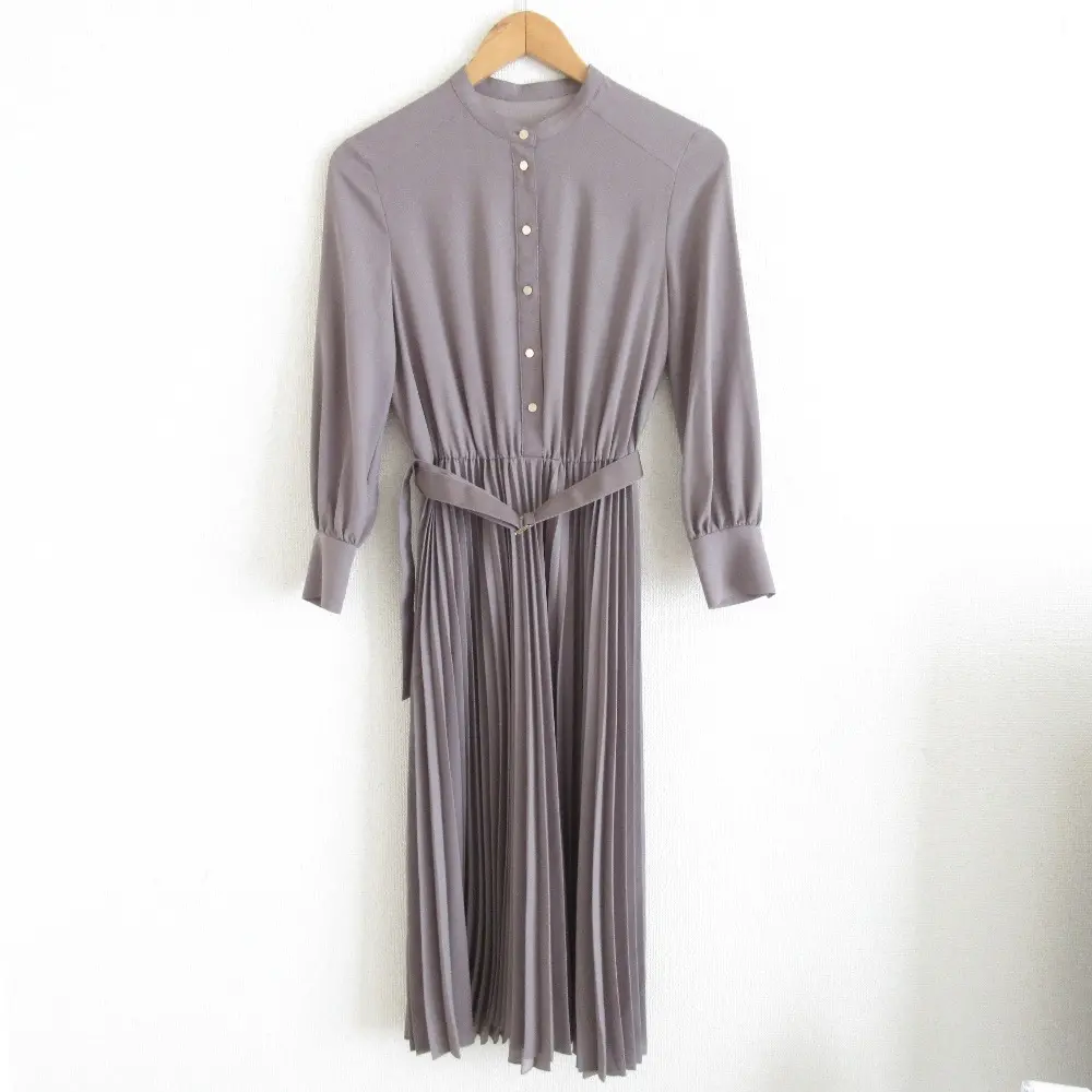 ANAYI アナイ バックサテンプリーツワンピース 長袖 ベルテッド ロングドレス 36 ブラウン