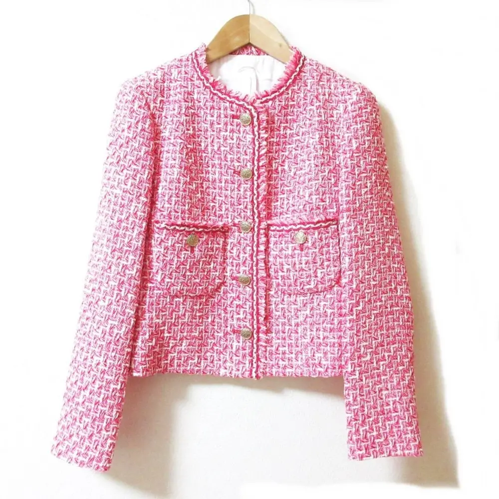 23SS ANAYI アナイ Jules Tournier生地 フリンジ トーンミックスツイードポケット ジャケット サイズ34 ピンク