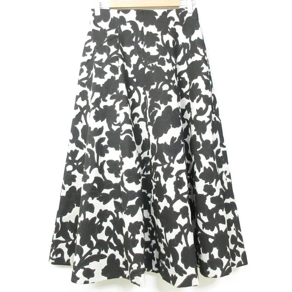 23SS ANAYI アナイ リネンライクフラワープリントフレア スカート サイズ38 ブラック×ベージュ