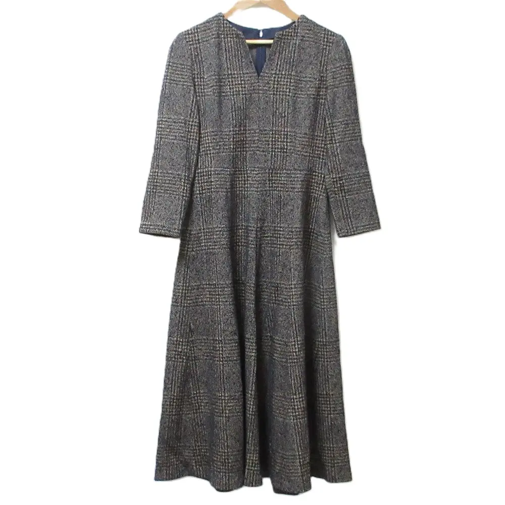 21AW ANAYI アナイ フロッキーチェックジャージーワンピース 長袖 フレア ロングドレス 38 ブラウン×ネイビー