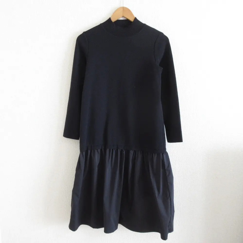 22SS ANAYI アナイ ウールタフタドッキングワンピース ハイネック 長袖 ひざ丈 コンビドレス 10221714100 38 ネイビー