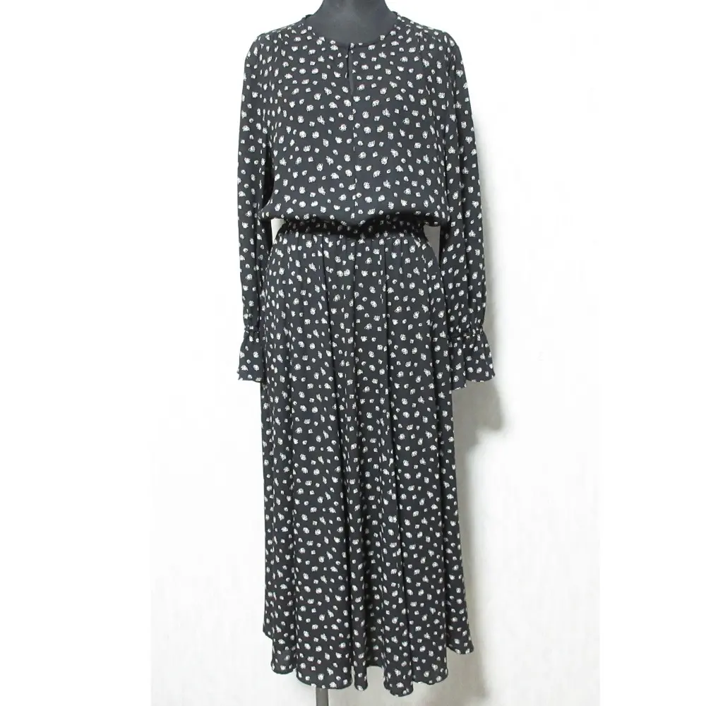 ANAYI アナイ モノトーンプリント 長袖 ロング フレア ブラウジング ワンピース 38 ブラック