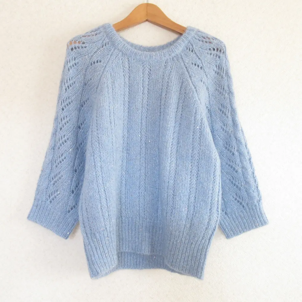 23AW ANAYI アナイ スパングルヘアリー半袖 プルオーバー 五分袖 クルーネック ニット セーター 10232816390 38 ブルー