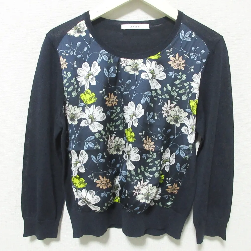 ANAYI アナイ フラワープリント ニット 七分袖 カットソー セーター 38 ネイビー
