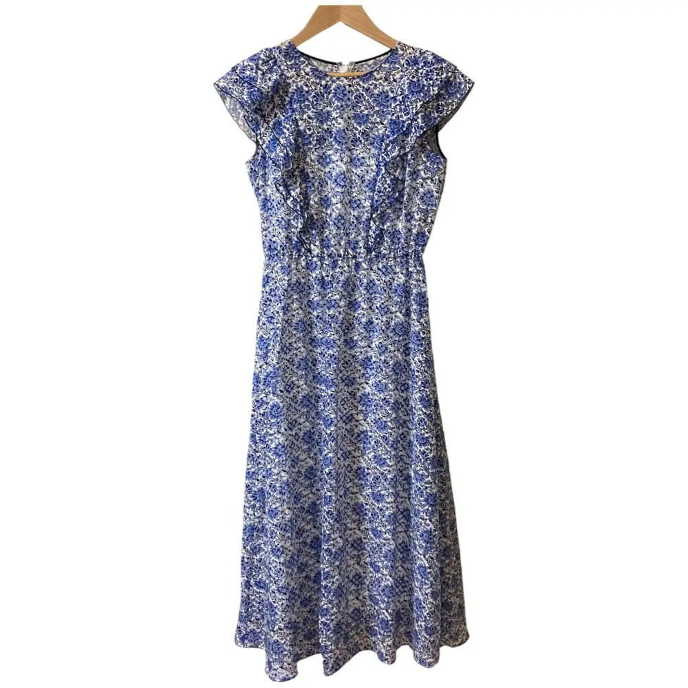22SS ANAYI アナイ オパールクロスプリント フレンチスリーブ フリル ロングフレアワンピース サイズ38 ブルー系
