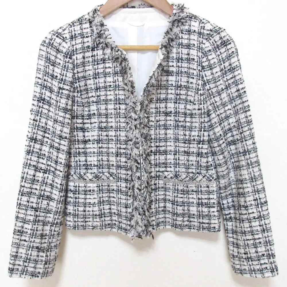 ANAYI アナイ ノーカラー ツイード ジャケット 36 ホワイト×ブラック