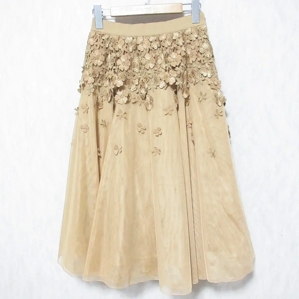 ANAYI アナイ フラワーレース ミモレ丈 フレア チュールスカート 36 ブラウンベージュ