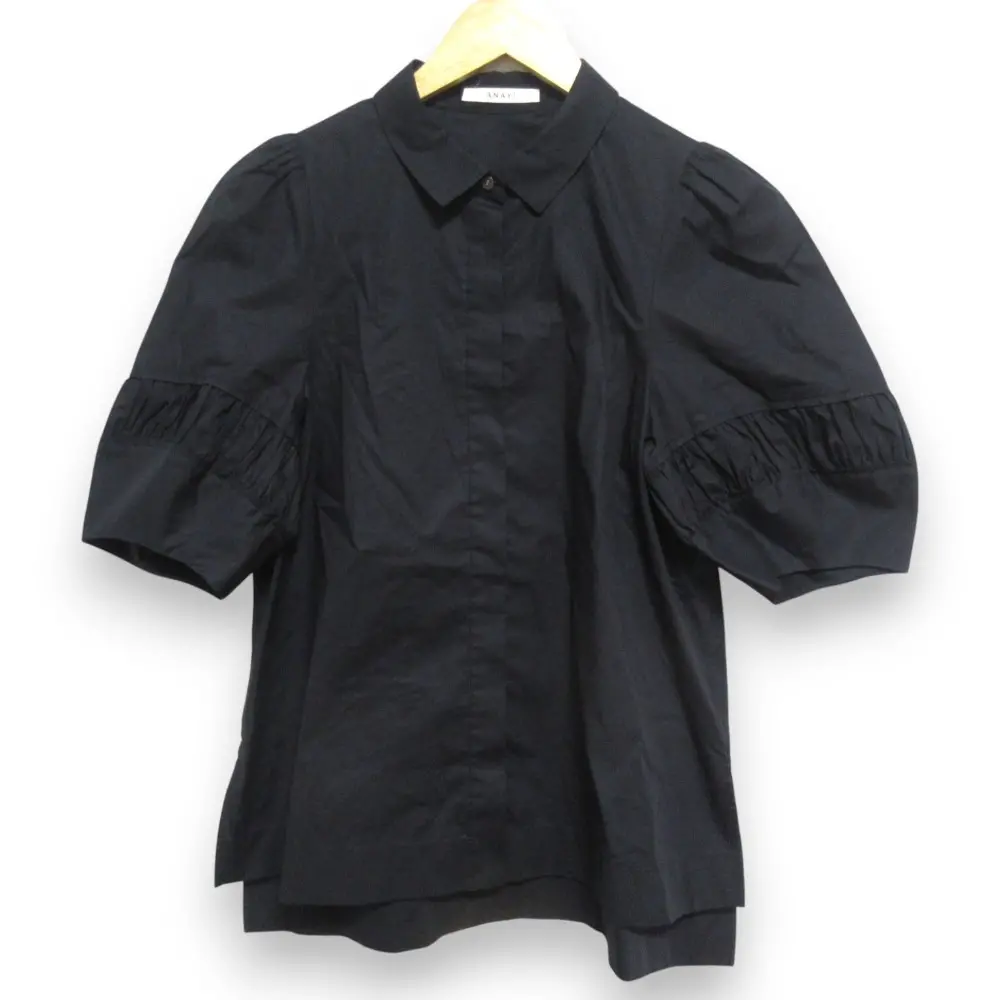 ANAYI アナイ ストレッチブロード ブラウス 比翼ボタン パフスリーブ 半袖シャツ サイズ36 ブラック