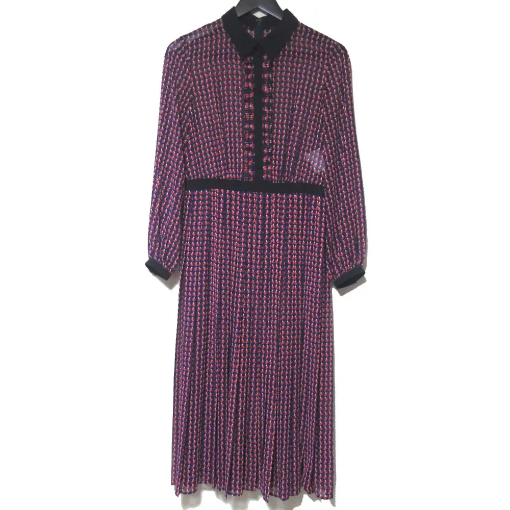 22SS ANAYI アナイ 総柄 シアー フレアプリーツ 長袖 ワンピース サイズ38 ネイビー系