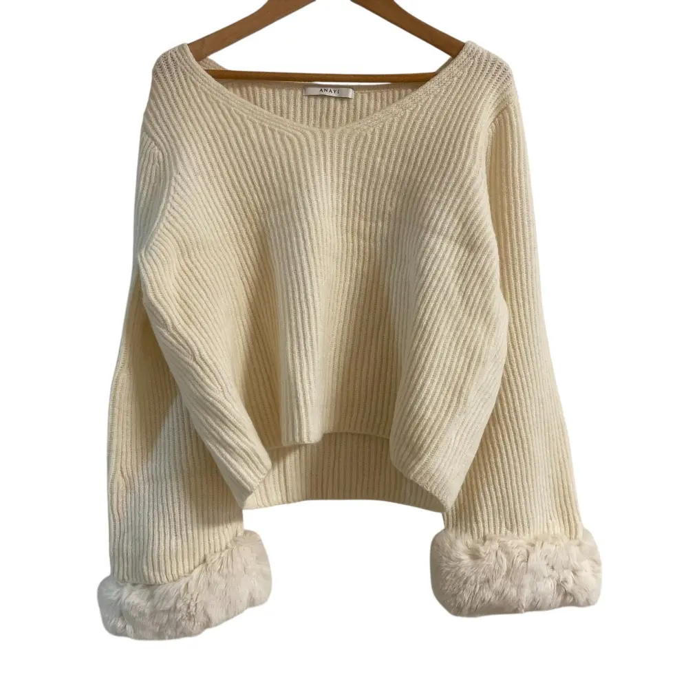 ANAYI アナイ カシミヤブレンド 袖ラビットファー リブニット プルオーバー セーター サイズ38 オフホワイト