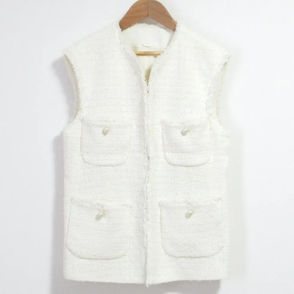 23SS ANAYI アナイ パールボタン ファンシーツィード 4ポケット ジレ フリンジベスト 38 アイボリー
